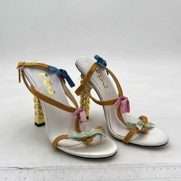 FSJ Crystal Bows Gold Metal Chain Thick High Heel Open Toe Crystal Bows Sandals - Picture 4 of 8